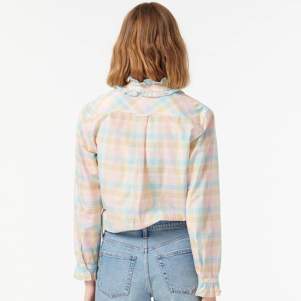 🌈 New 🌈 J Crew Classic-Fit Cotton-Silk Voile Ruffleneck Shirt in Pastel Plaid - Picture 3 of 13